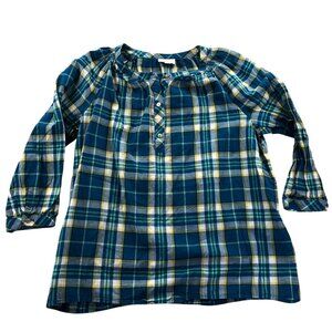 J. Jill Womens Blouse Small Tall Blue Plaid 3/4 Sleeve Tunic Top Casual